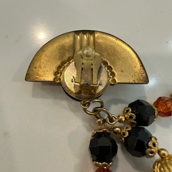 🎄VTG Cleopatra Style Boho Tassle Beaded Earrings Clip Black Gold and Orange EUC - Picture 5 of 5